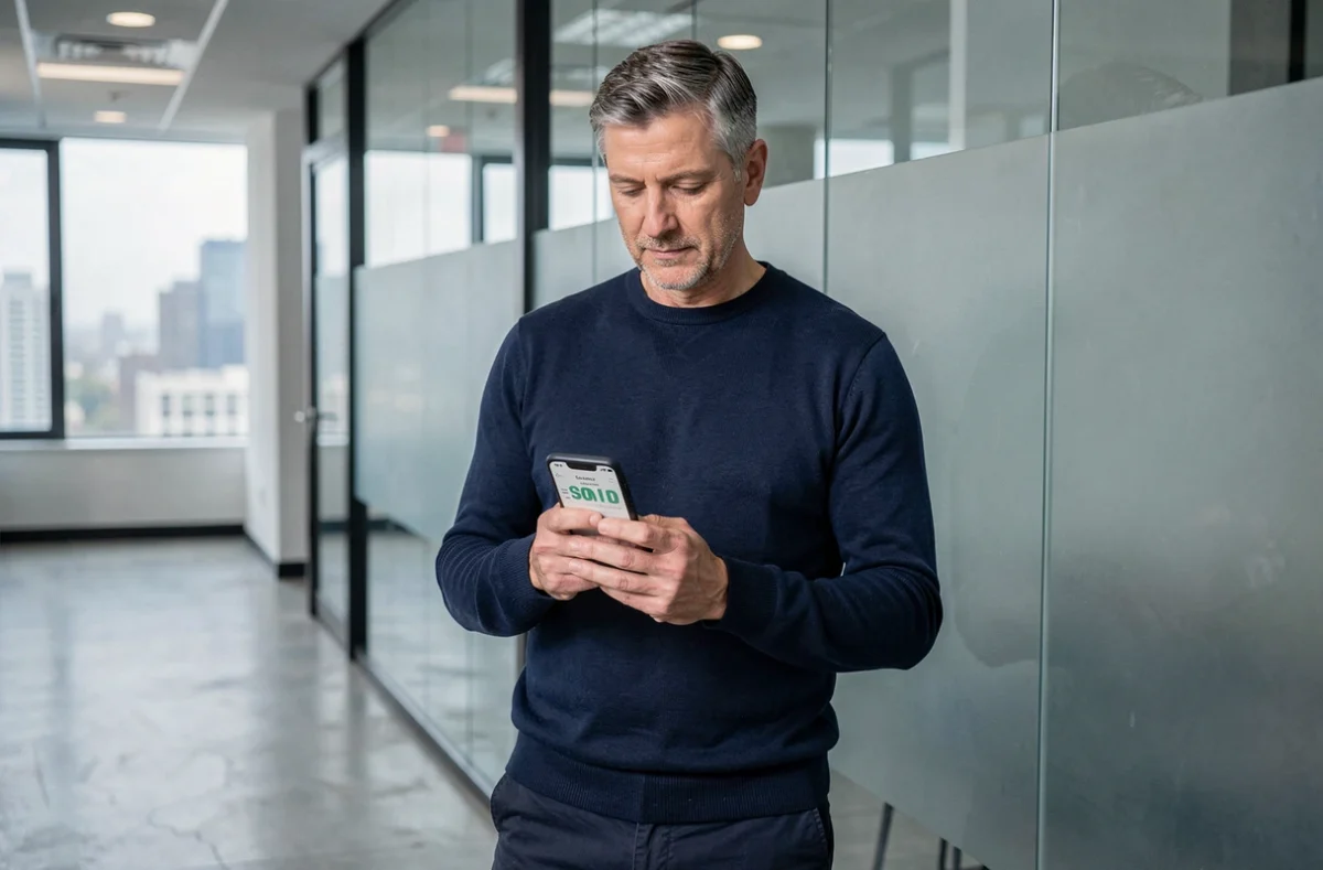 Homme consultant une simulation de prime 2026 sur smartphone dans un couloir d'entreprise moderne