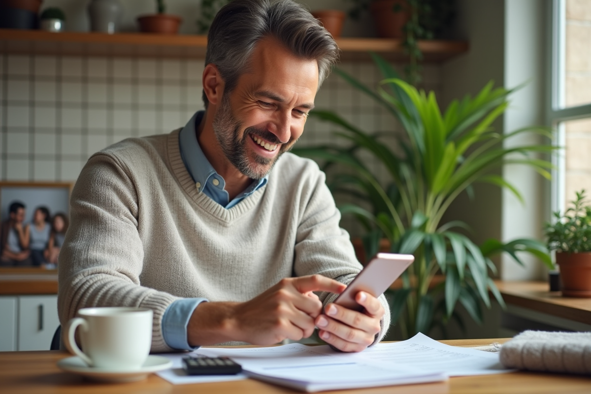 Homme souriant vérifiant son smartphone dans la cuisine