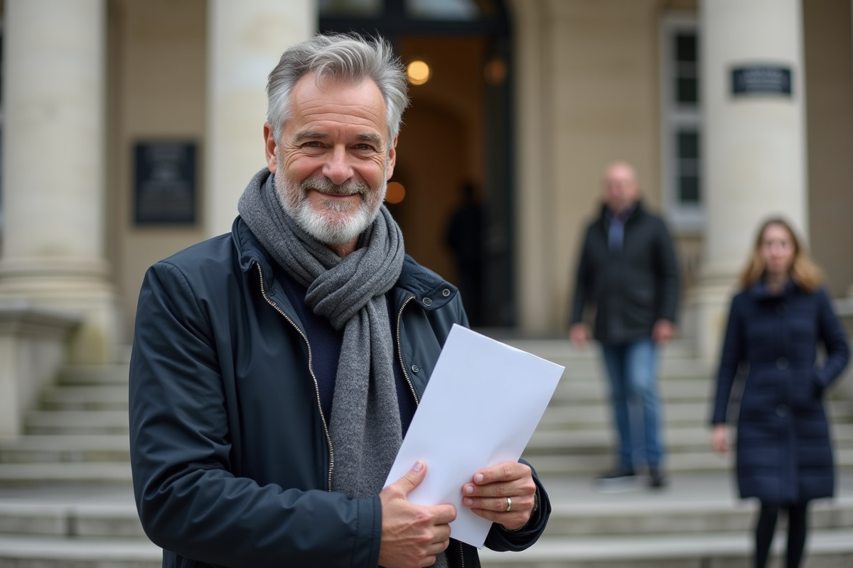 Homme de 62 ans souriant devant bâtiment administratif