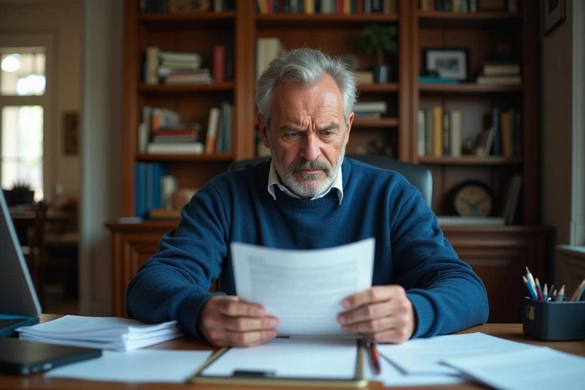 Homme en costume lisant un document dans un bureau