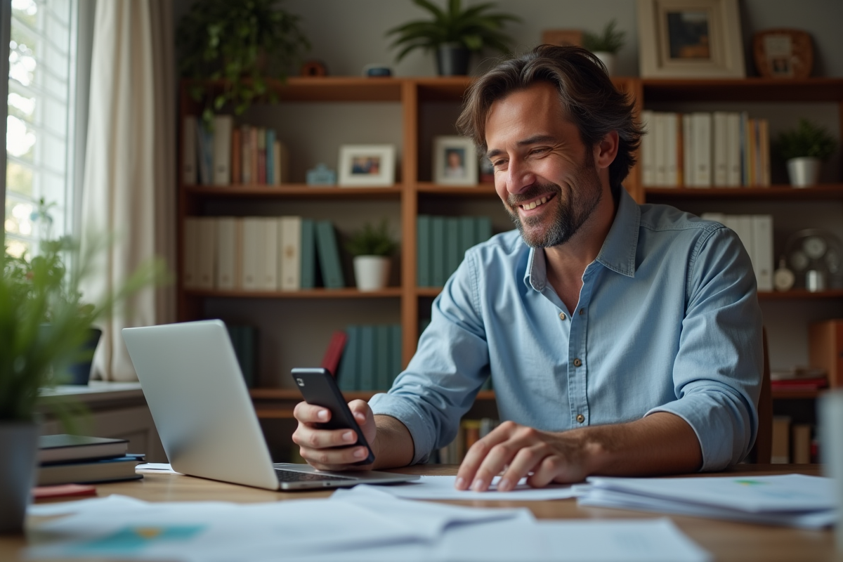Homme travaillant sur son ordinateur et smartphone à domicile