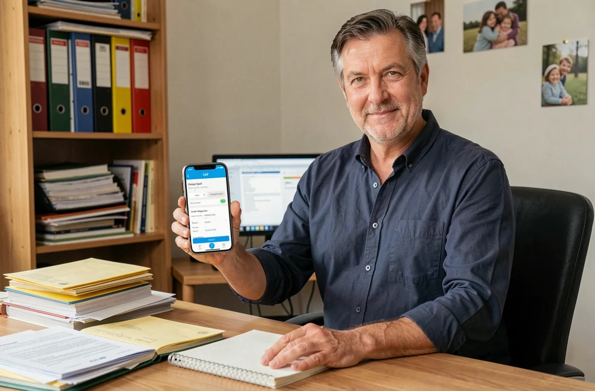 Homme vérifiant ses dates de versement CAF 2026 sur smartphone dans un bureau à domicile
