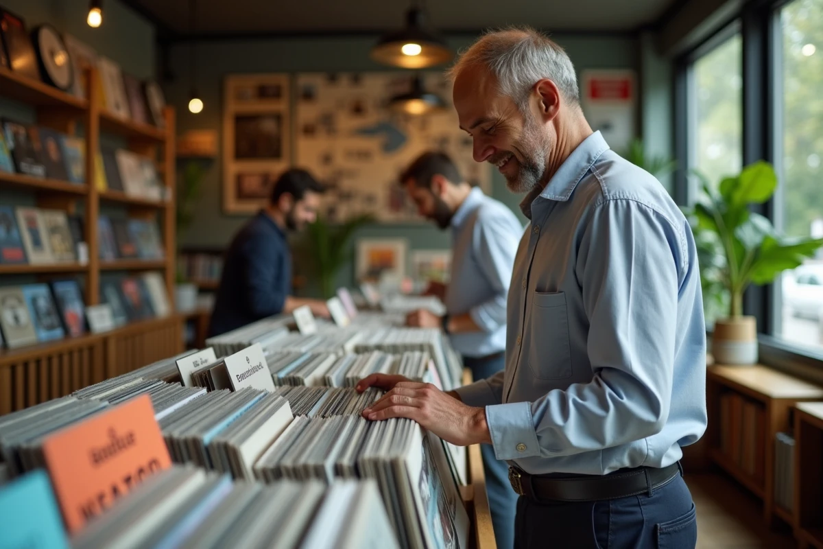 Homme souriant parcourant des vinyles en magasin