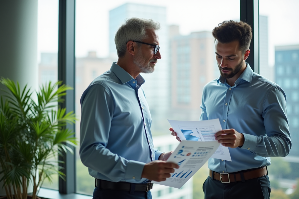 Hommes en discussion avec documents financiers dans une salle lumineuse