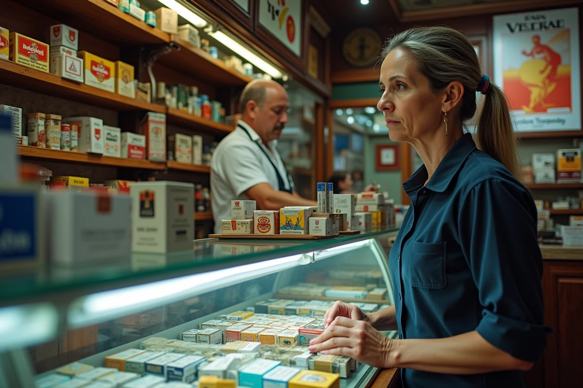 Intérieur d'un bureau de tabac espagnol avec présentoir de paquets de cigarettes Philip Morris et étiquettes de prix