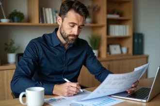 Jeune investisseur analysant un portefeuille boursier sur son bureau à domicile avec des graphiques financiers imprimés et un ordinateur portable