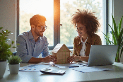Jeune couple en costume examinant un modèle de maison et documents de prêt