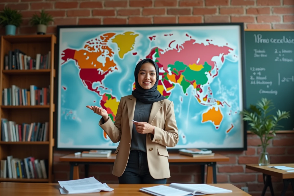 Jeune économiste avec carte du monde et graphiques