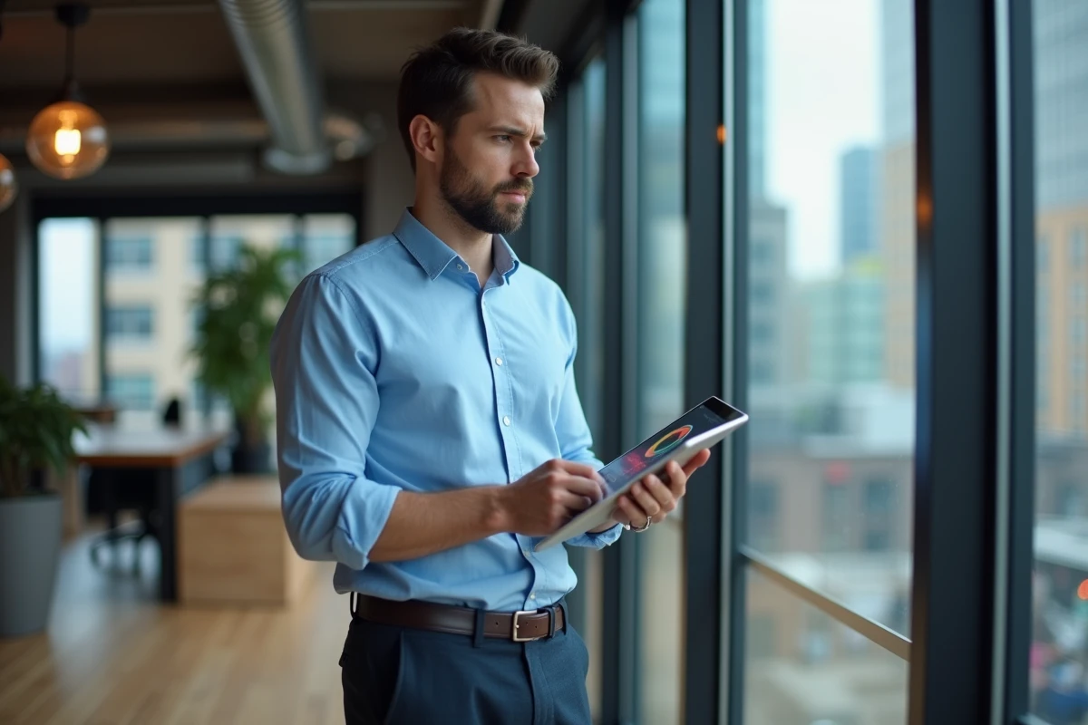 Jeune entrepreneur tenant une tablette dans un espace de coworking