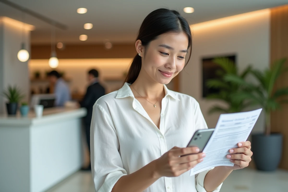 Jeune femme dans une agence bancaire consultant son smartphone et un relevé bancaire pour effectuer une recherche d'avoirs via Ciclade