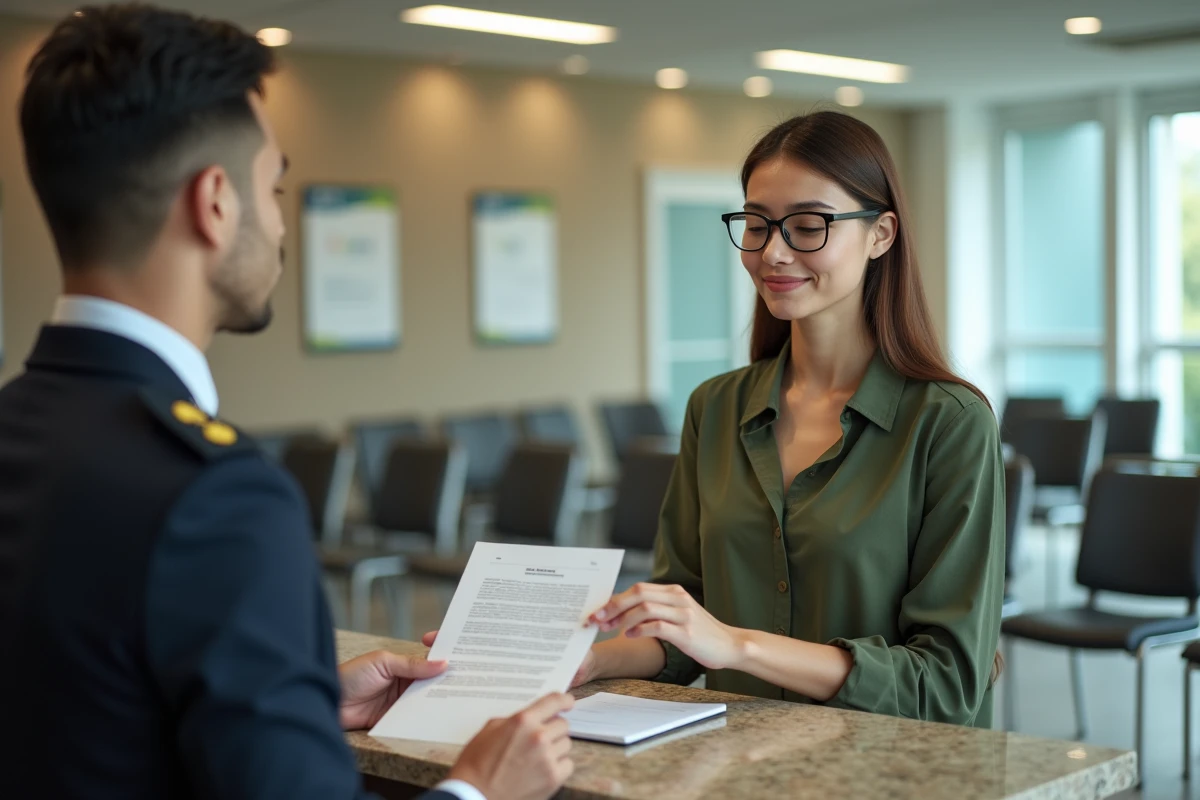 Jeune femme montrant une lettre à un officiel dans un bureau public