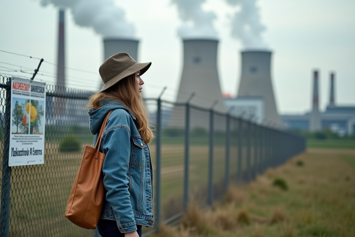 Jeune femme regarde un panneau sur quota carbone près d
