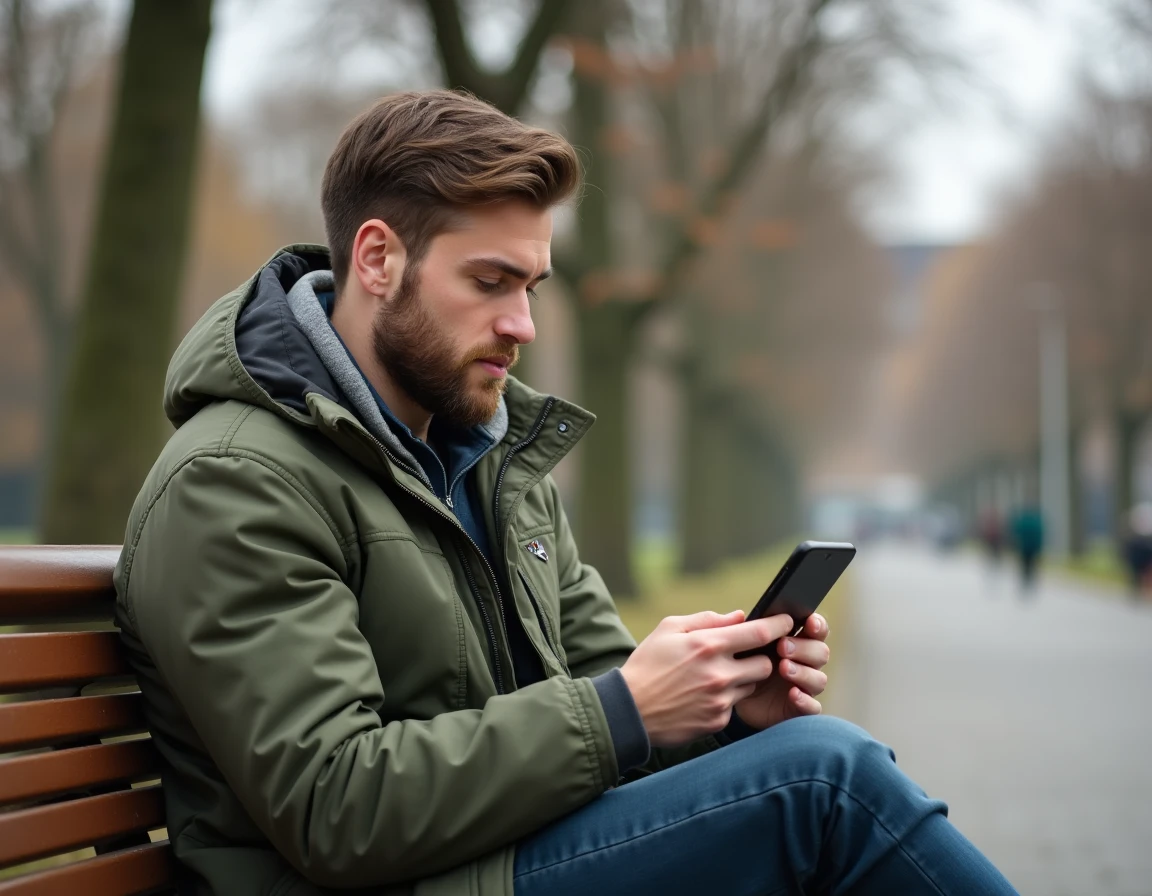 Jeune homme recherchant son bordereau d'amendes en ligne sur smartphone en extérieur