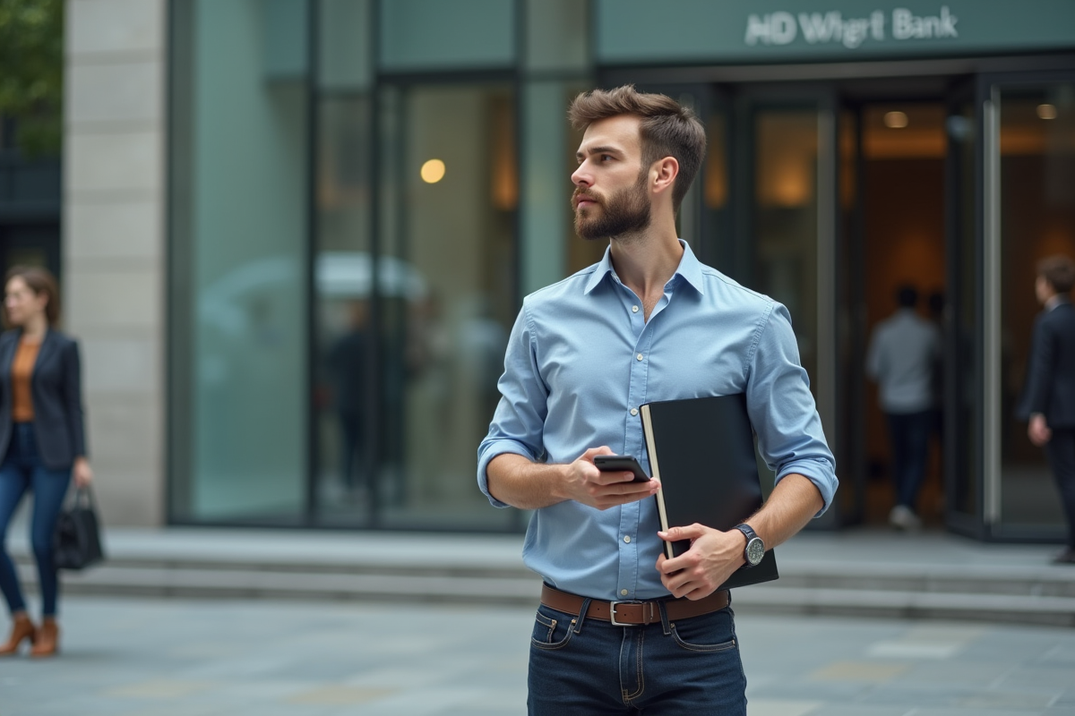 Jeune homme dans une rue moderne devant une banque