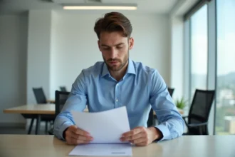 Jeune homme en bureau regardant une fiche de paie