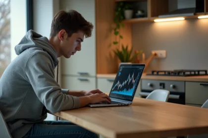 Jeune homme concentré sur un laptop avec graphique crypto