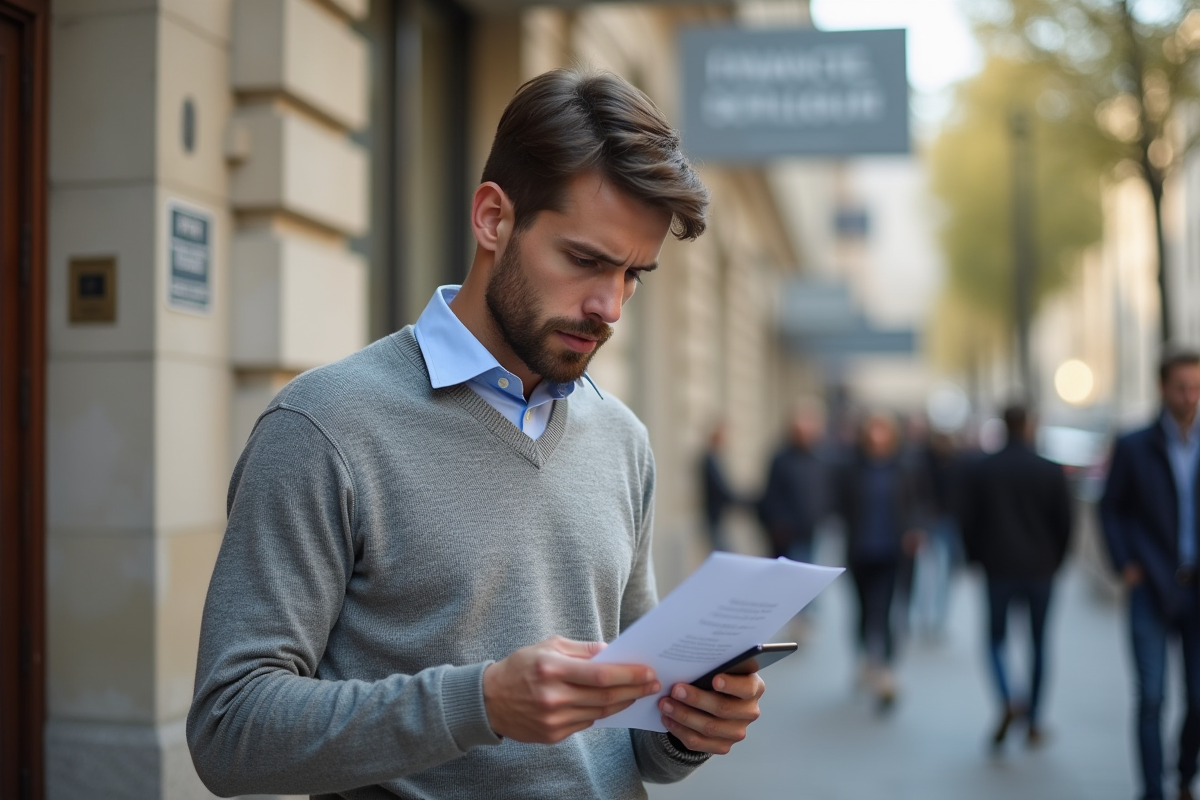 Jeune homme lisant une lettre devant un bâtiment officiel français