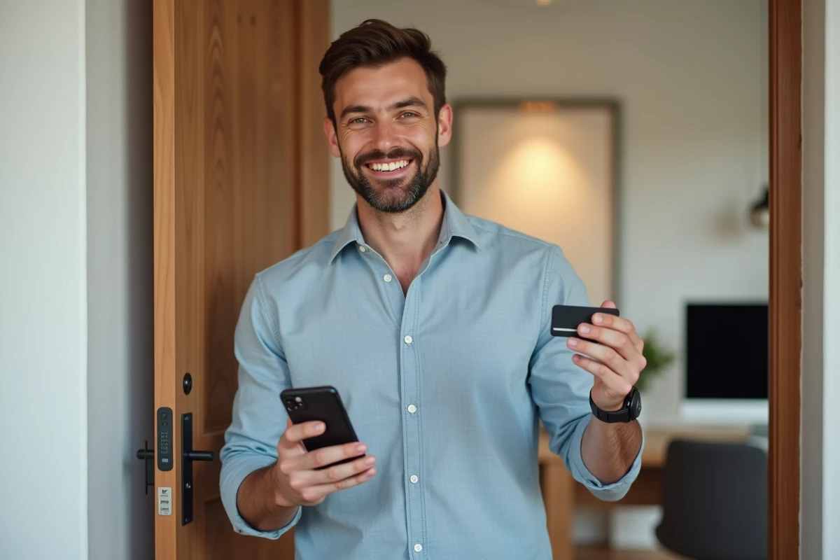 Jeune homme activant une connexion de sécurité à domicile