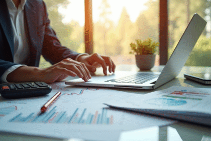 Jeune professionnel calculant un prêt sur un bureau lumineux