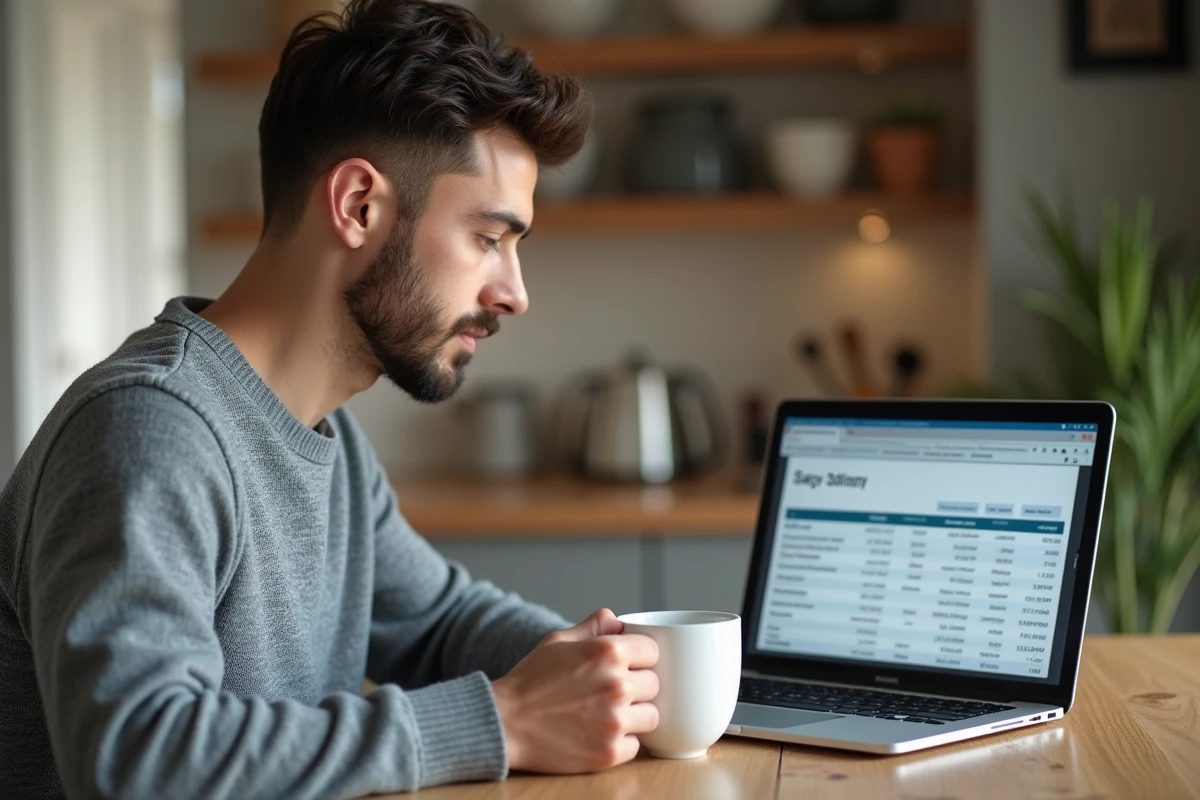 Jeune salarié simulant son salaire net mensuel sur ordinateur portable à domicile