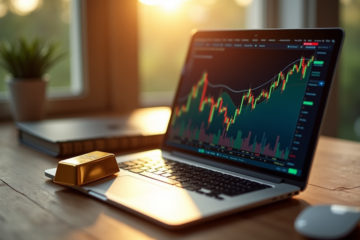 Lingot d'or et ordinateur affichant un graphique ETF
