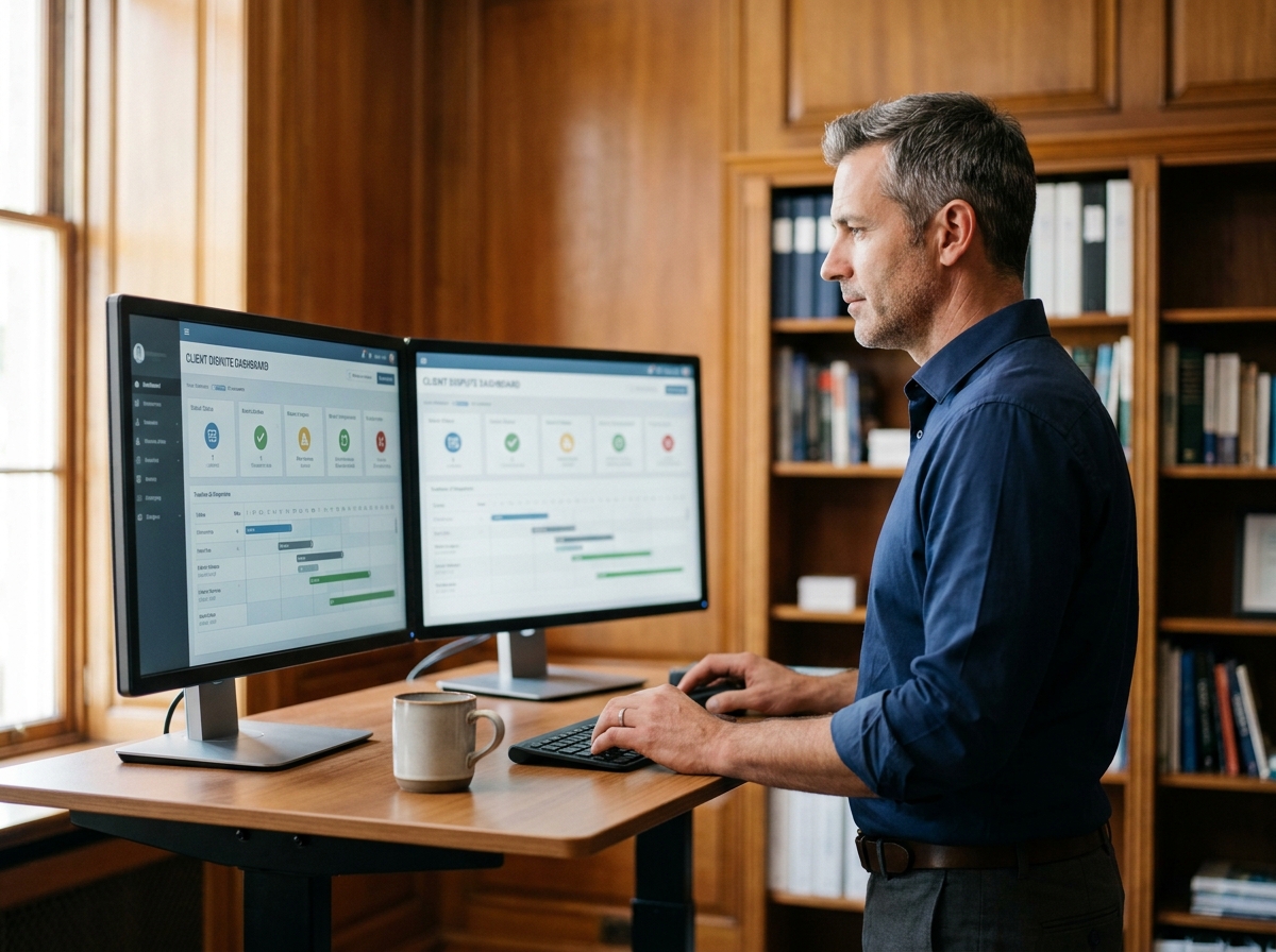 Responsable utilisant un logiciel CRM dédié pour gérer les litiges clients sur double écran