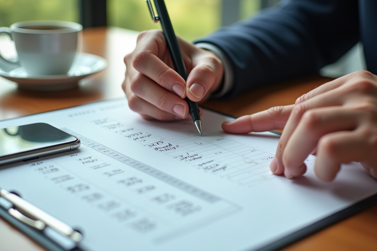 Mains remplissant une fiche de calcul hypothécaire sur une table
