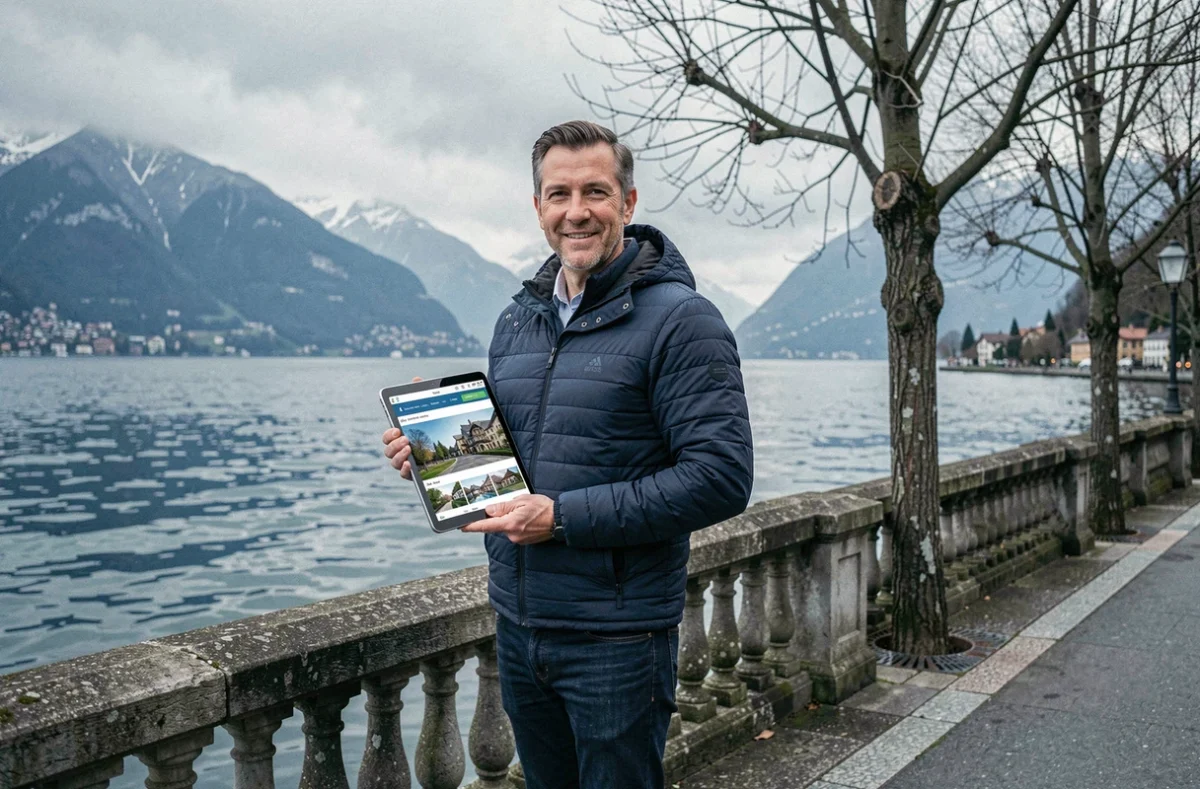Mandataire immobilier spécialisé à Thonon-les-Bains sur le bord du lac Léman avec une tablette de recherche de biens