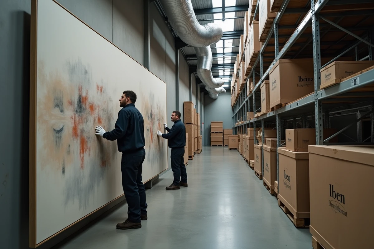Manutentionnaires en gants blancs manipulant une œuvre d'art contemporain dans un entrepôt d'archivage sécurisé