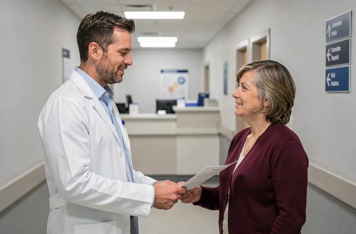 Médecin remettant des informations de remboursement à une patiente dans un couloir de clinique