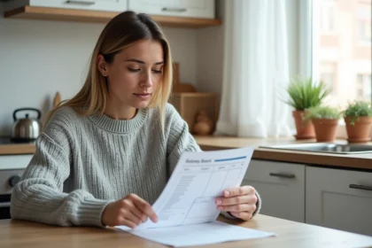 Mère de famille consultant un budget mensuel à la table de cuisine pour évaluer le coût d'une carte Pixpay pour son enfant