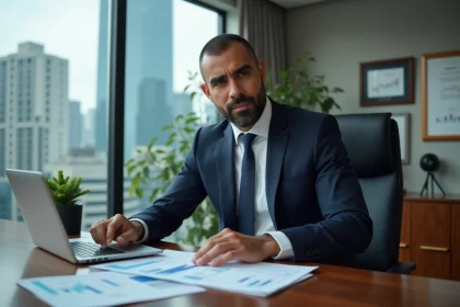 Homme d'affaires nord-africain en costume marine examinant des documents financiers dans un bureau exécutif moderne avec vue sur la ville