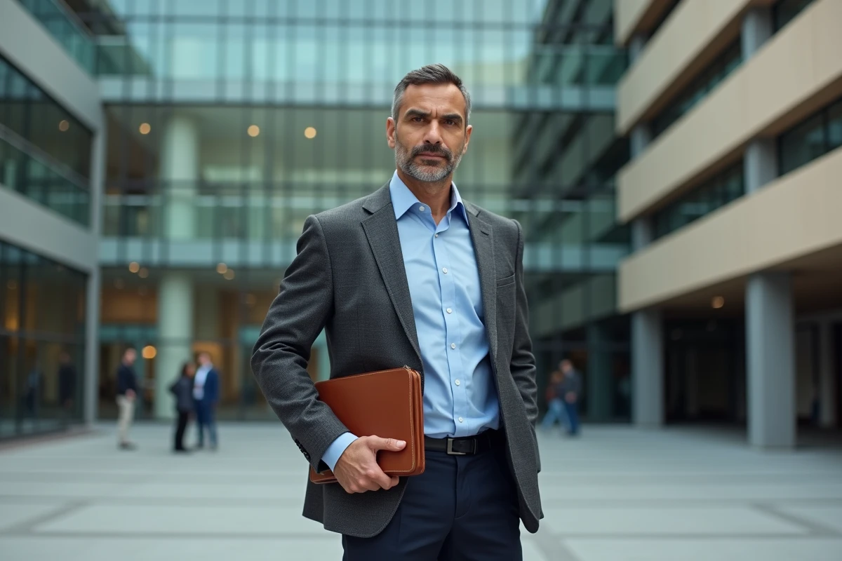Homme d'affaires algérien en blazer gris devant une façade architecturale contemporaine tenant un portfolio en cuir, évoquant réussite et patrimoine