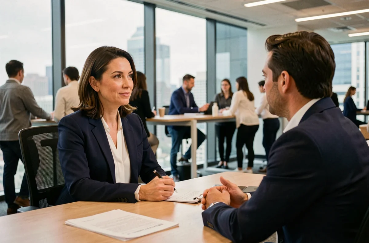 Femme cadre en négociation salariale dans un bureau moderne en France