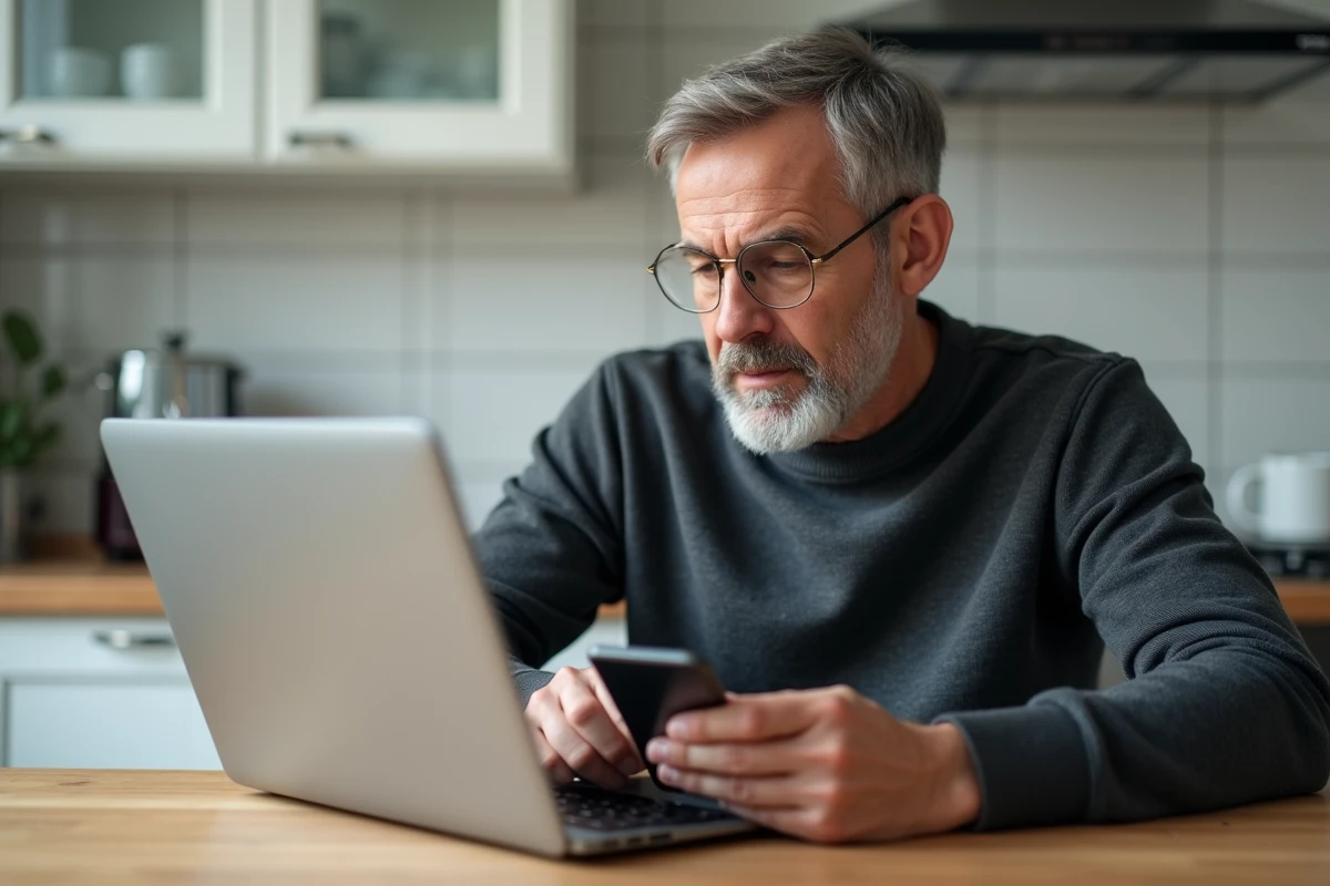 Homme cherchant le numéro de téléphone du service client Boursorama sur ordinateur et mobile