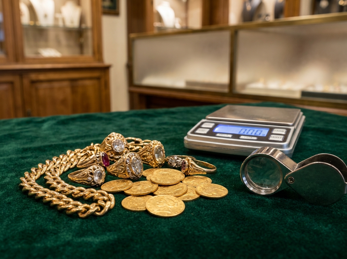 Bijoux et pièces en or disposés sur un plateau en velours pour estimation dans une boutique du 16e arrondissement