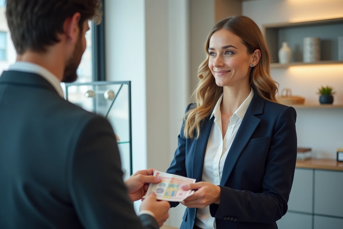 Femme remettant des billets en euros à un commerçant lors d'un paiement comptant en boutique
