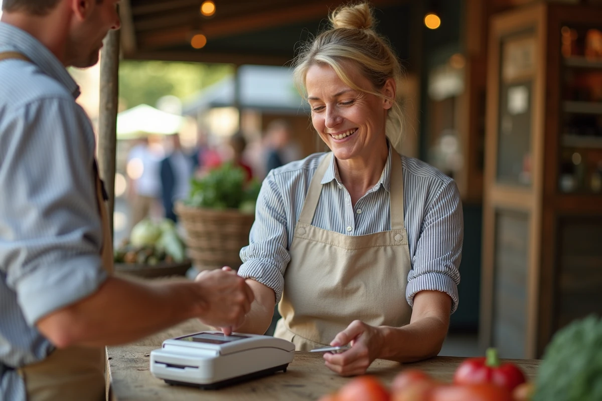 Commerçante encaissant un paiement comptant par carte sans contact sur un marché extérieur