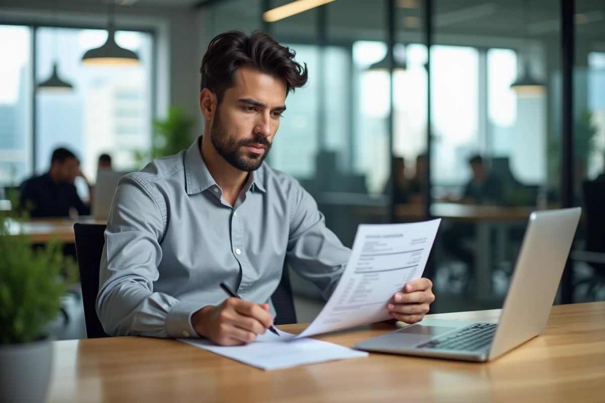 Homme d'affaires signant un document de paiement comptant exigible dans un bureau moderne