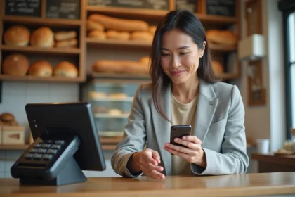Femme payant sans contact avec son smartphone dans une boulangerie parisienne, symbolisant la transition vers les paiements numériques