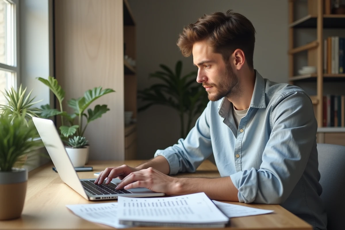 Jeune père travaille sur ordinateur dans bureau moderne