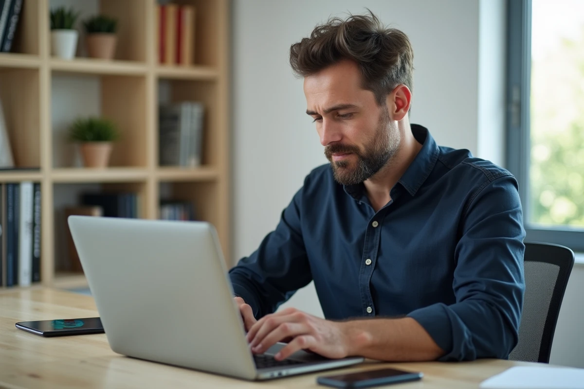 Père comparant les tarifs et abonnements d'une carte Pixpay sur ordinateur portable dans un bureau à domicile