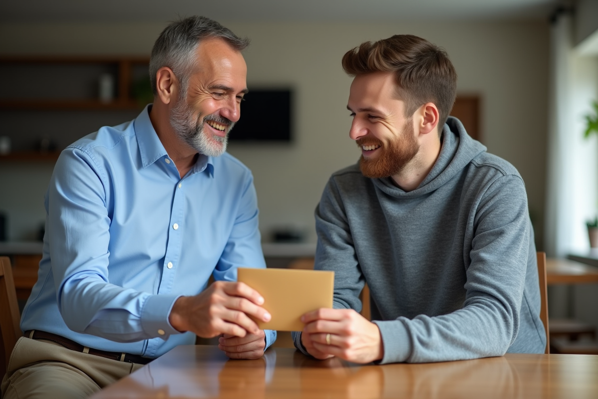 Pere et fils souriants échangeant une enveloppe dans la maison