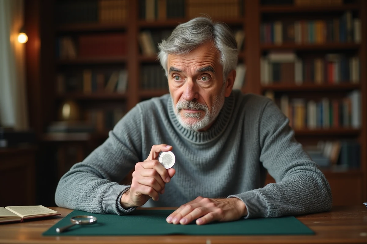 Homme examinant une pièce de 50 Francs 1977 en argent tenue entre les doigts, posée sur un bureau en bois ancien avec loupe et catalogue numismatique