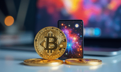 Pièce de cryptomonnaie dorée et carte digitale sur bureau lumineux