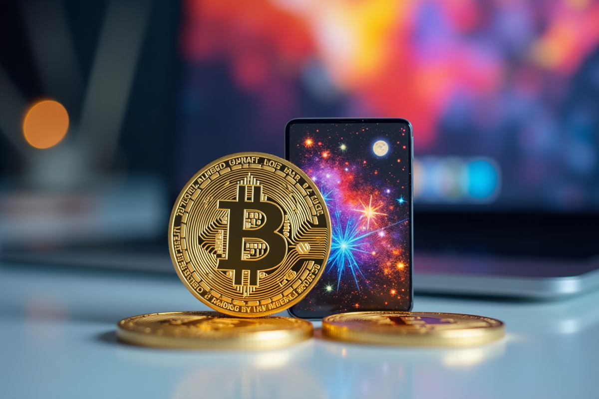 Pièce de cryptomonnaie dorée et carte digitale sur bureau lumineux
