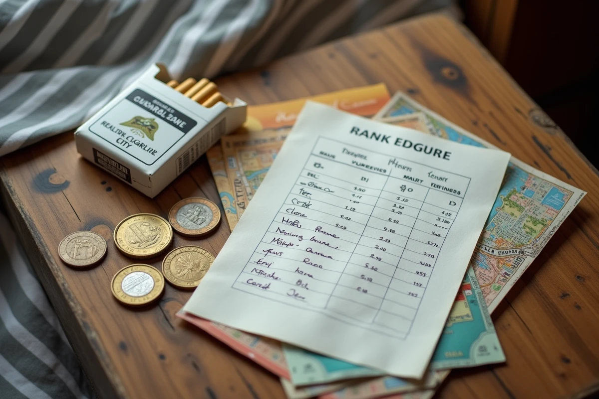 Pièces en euros, budget manuscrit et paquet de cigarettes européen posés sur une table en bois pour planifier un voyage en Italie