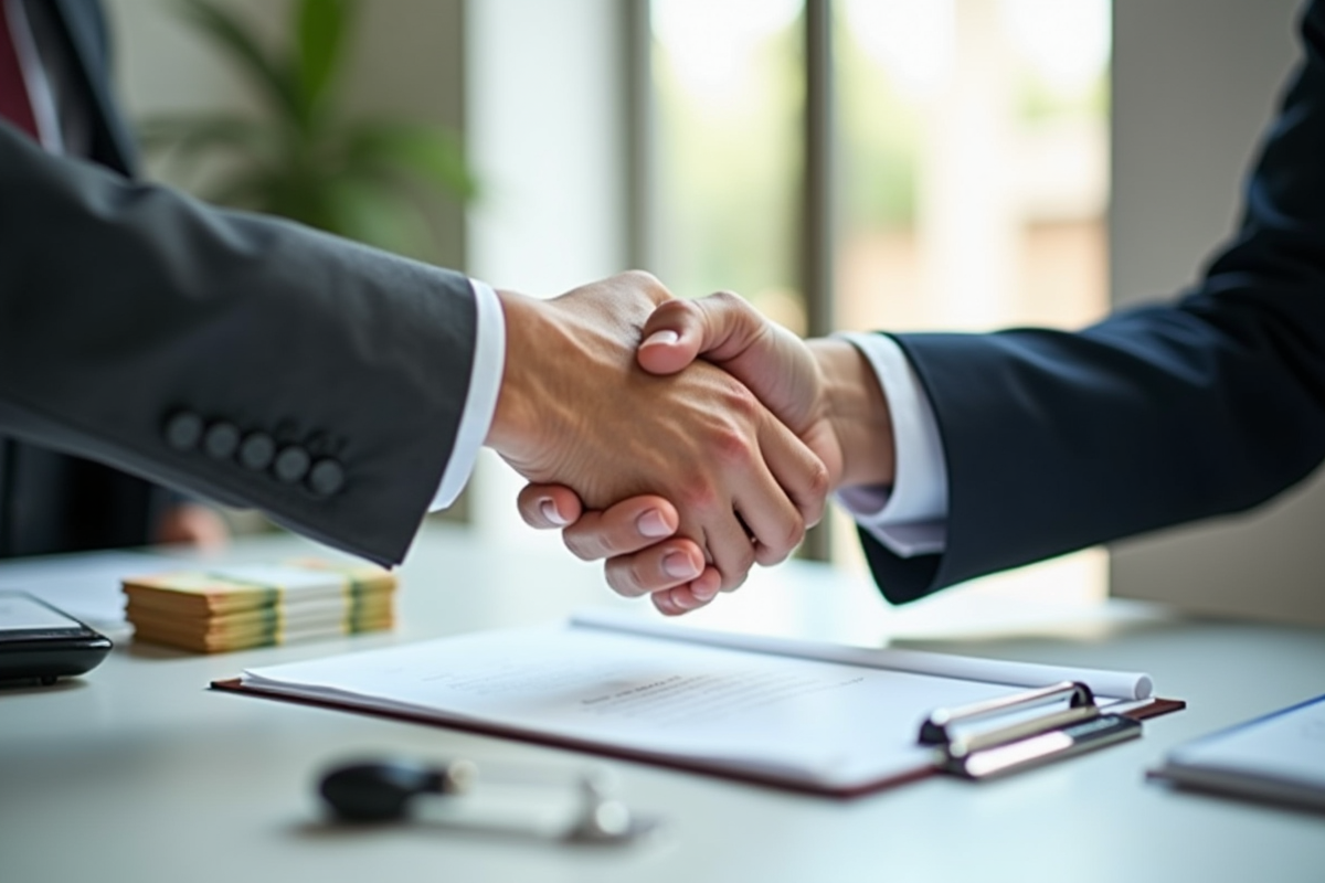 Poignée de main entre notaire et client avec contrat et argent