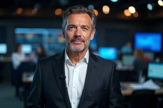 Présentateur de télévision en blazer sombre dans un studio de broadcast moderne illustrant la polémique sur les salaires médiatiques