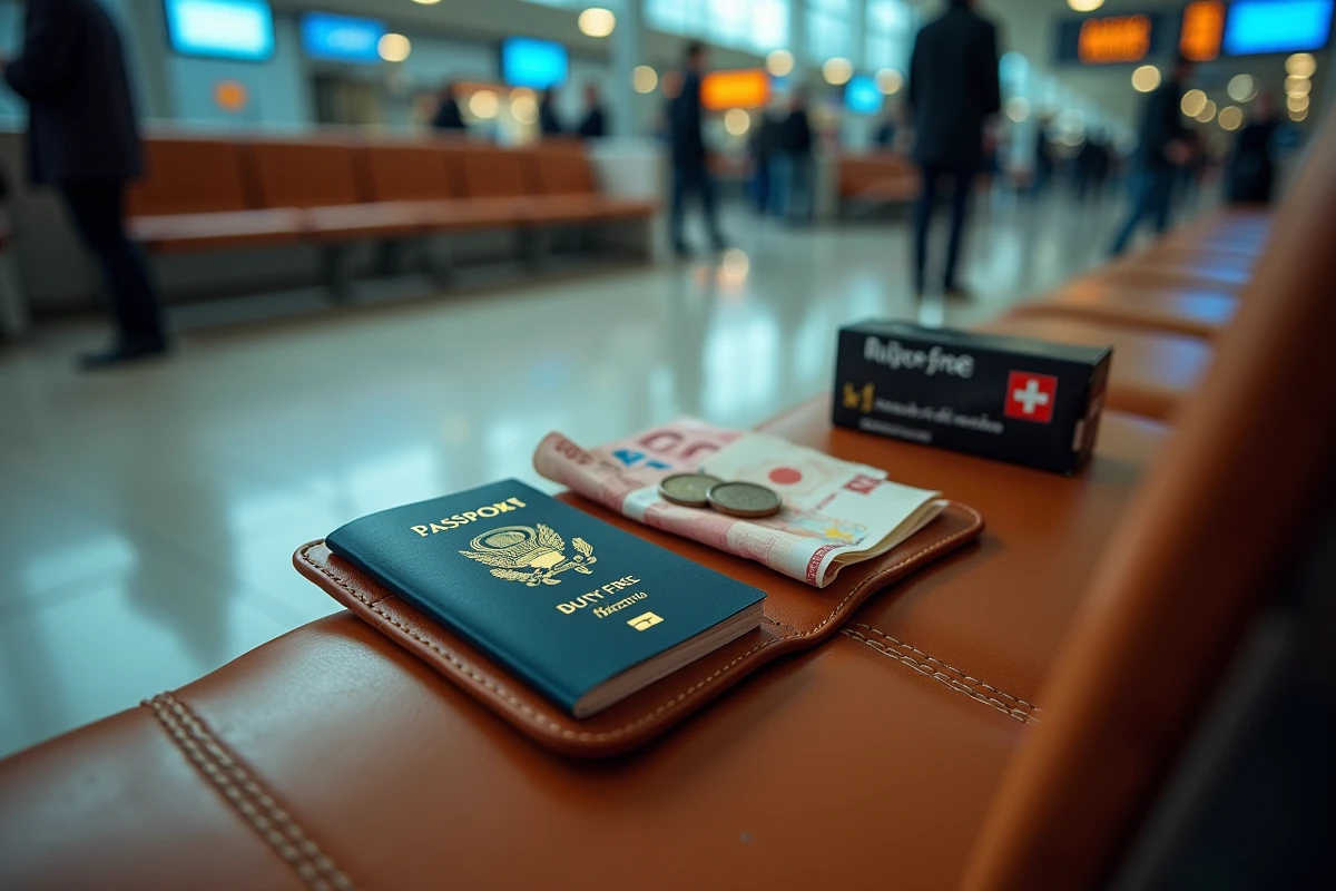 Portefeuille de voyage ouvert avec passeport suisse, billets en euros et reçu d'achat duty free de cigarettes posé sur un banc d'aéroport
